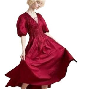 Nwot La Ligne smocked burgundy puff sleeve v neck Midi Dress size small
